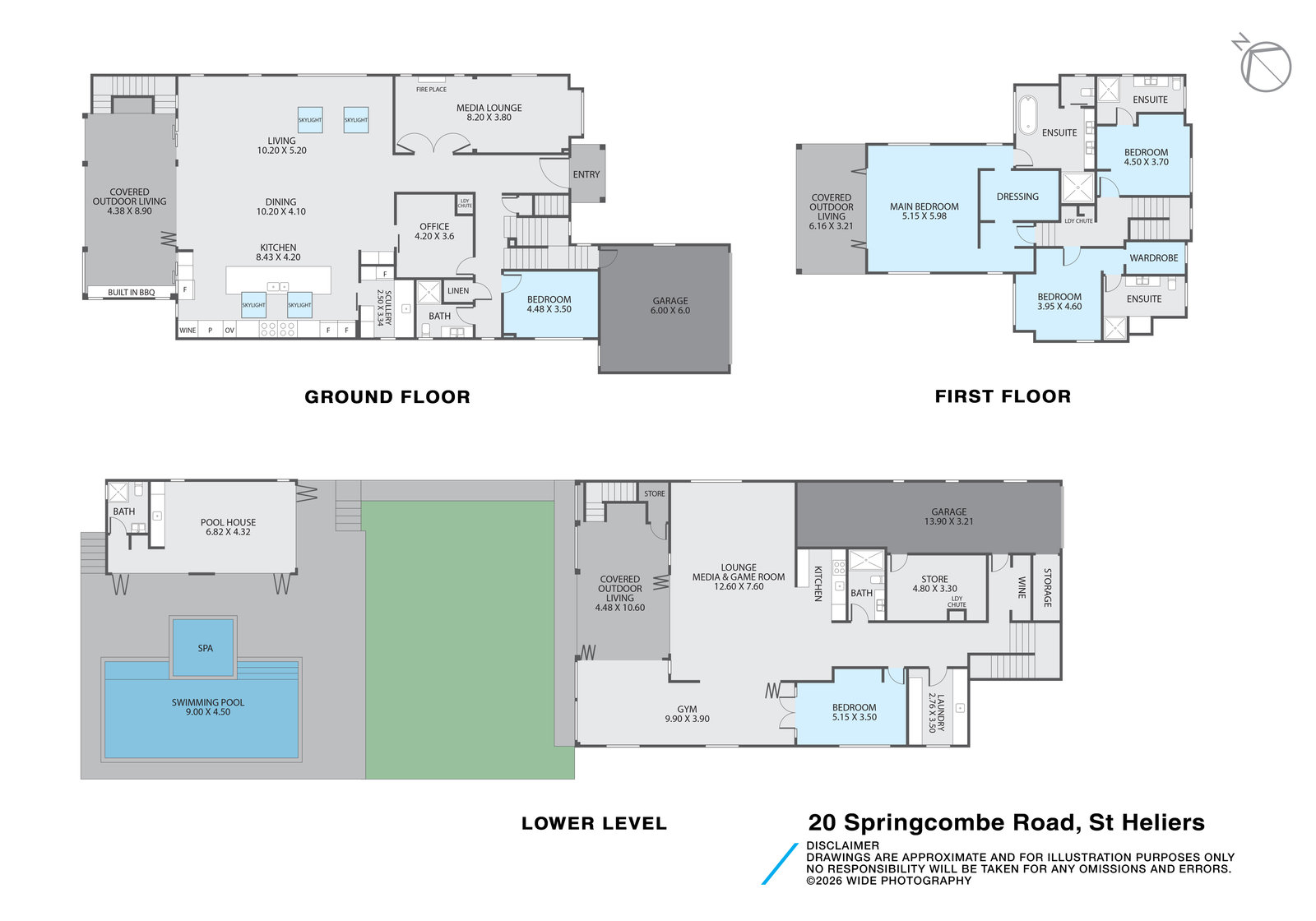 Floor plan of 20 Springcombe Road showing ground floor, first floor and lower level