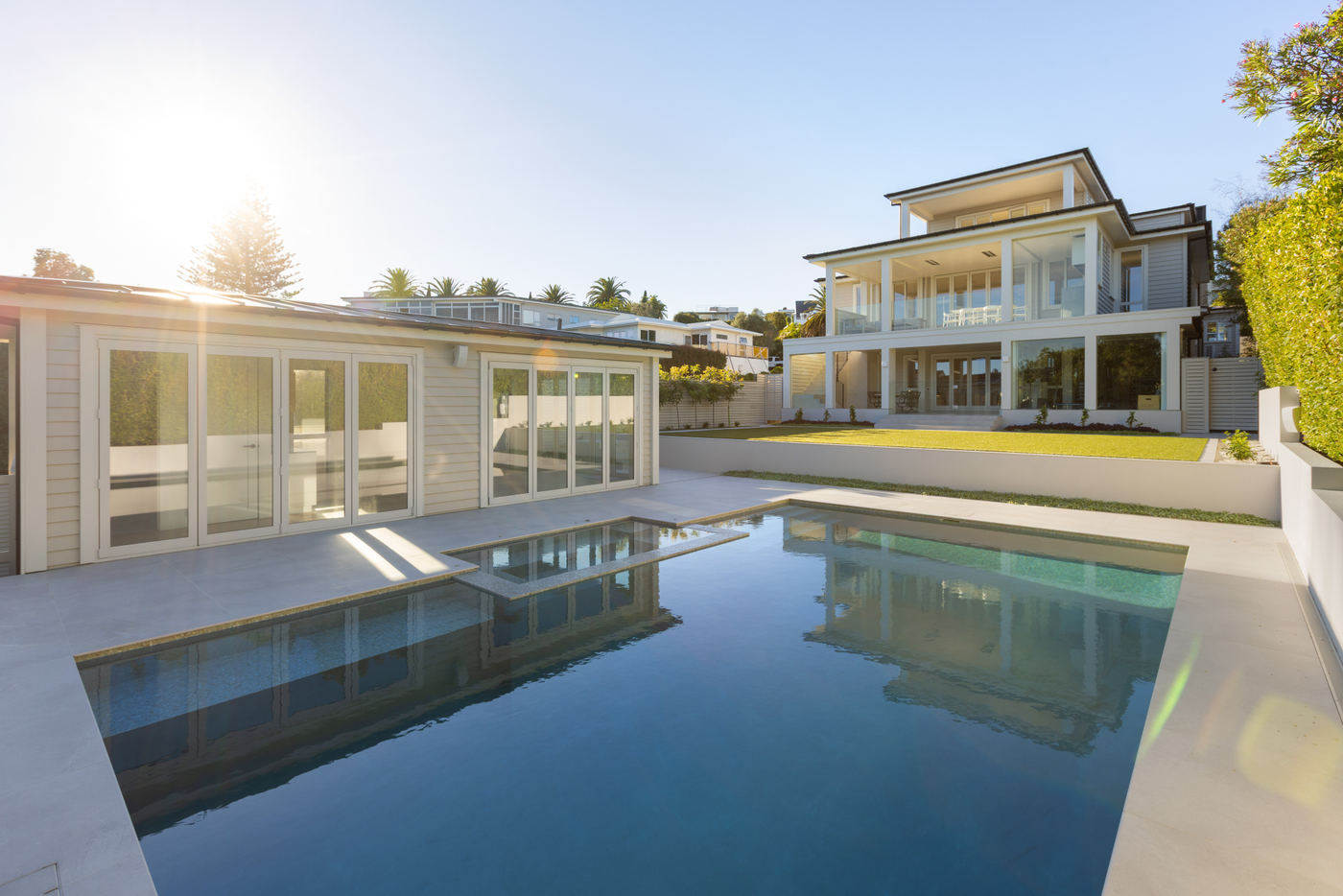 Pool and rear elevation, 20 Springcombe Road, St Heliers