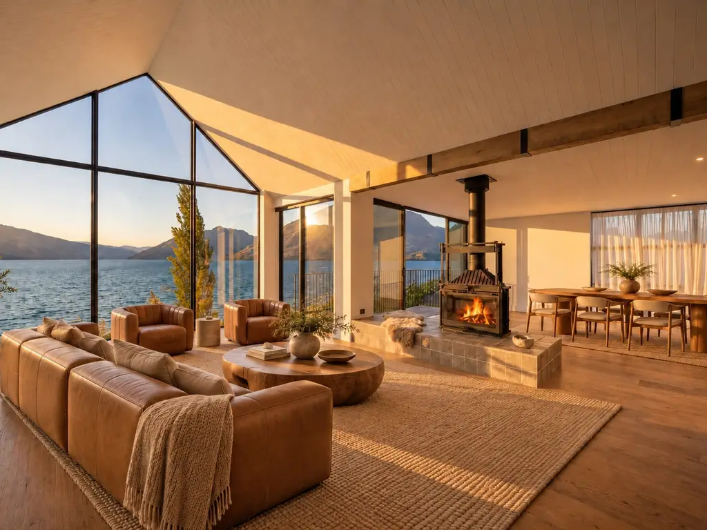 Golden-Hour Lakeside Living Room