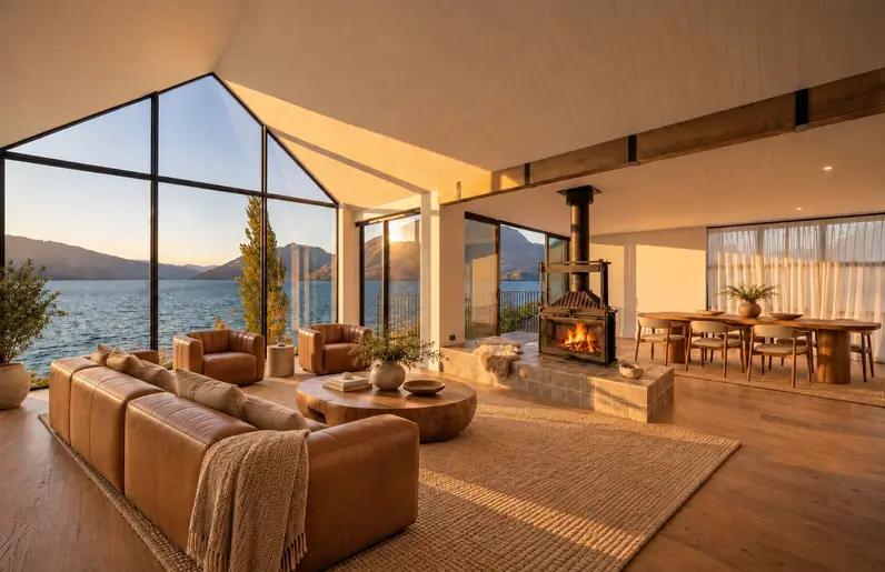 Golden-Hour Lakeside Living Room